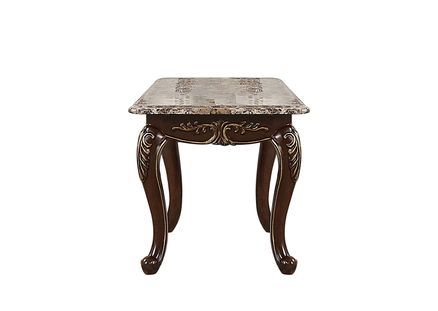 Ornate dark wood end table with a faux marble top and carved gold accents