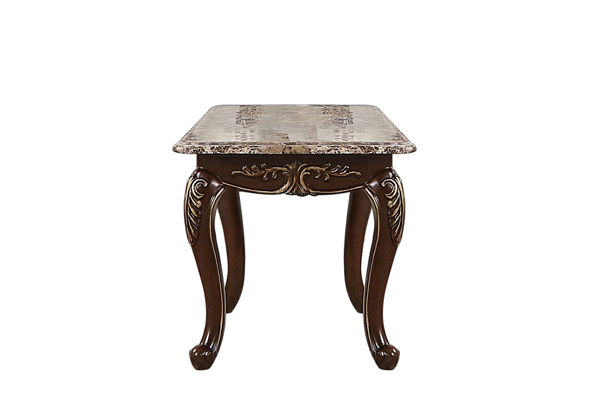 Ornate dark wood end table with a faux marble top and carved gold accents