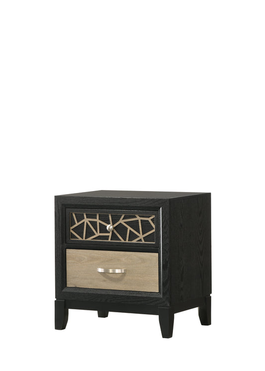 Black wood nightstand with geometric inlay on the top drawer and brushed nickel pull on the lower drawer