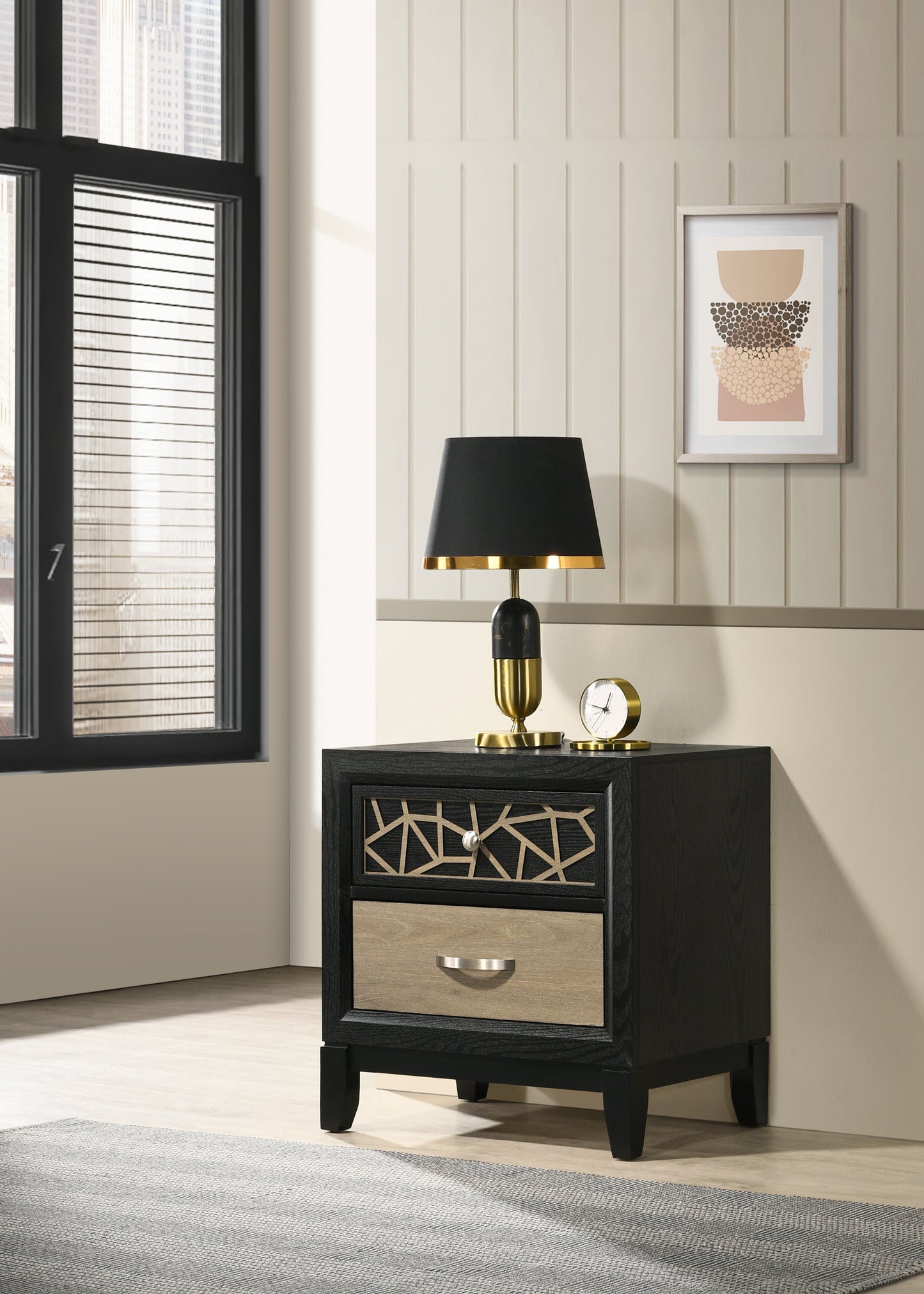 Black bedside table with geometric wood inlay drawer and natural wood bottom drawer