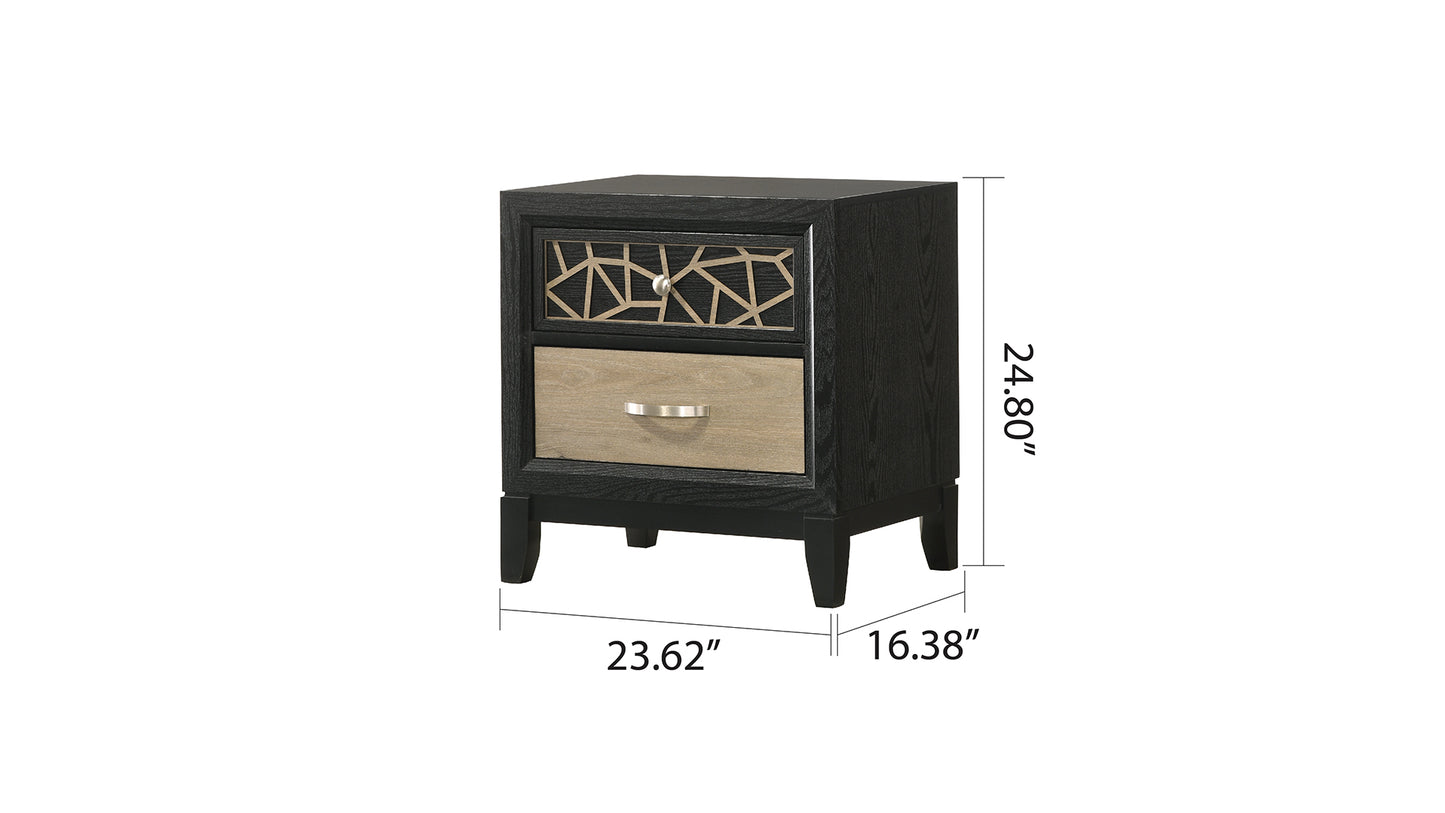 Black wood nightstand with one geometric design drawer front and one natural wood drawer