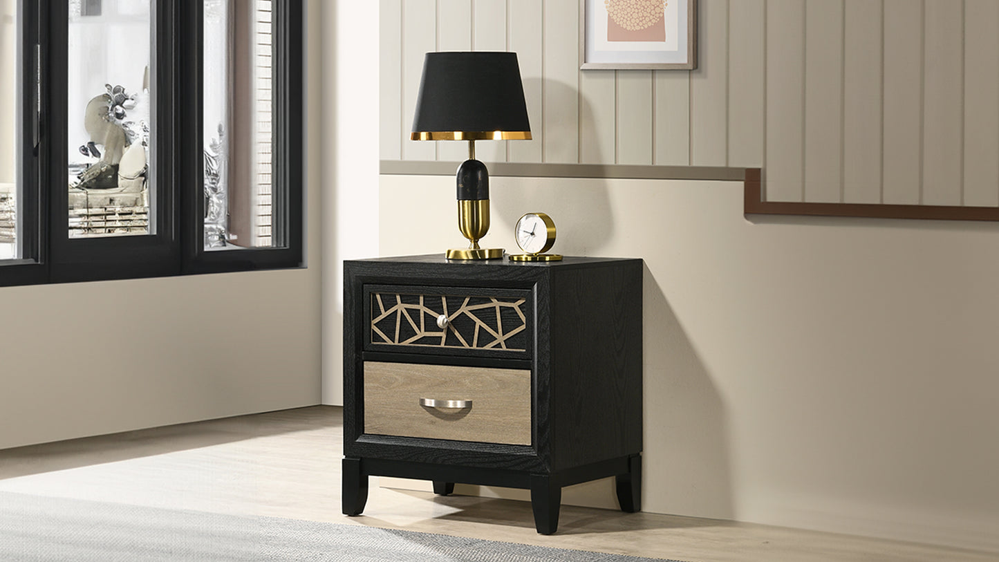 Black modern nightstand with two drawers one featuring geometric wood inlay design