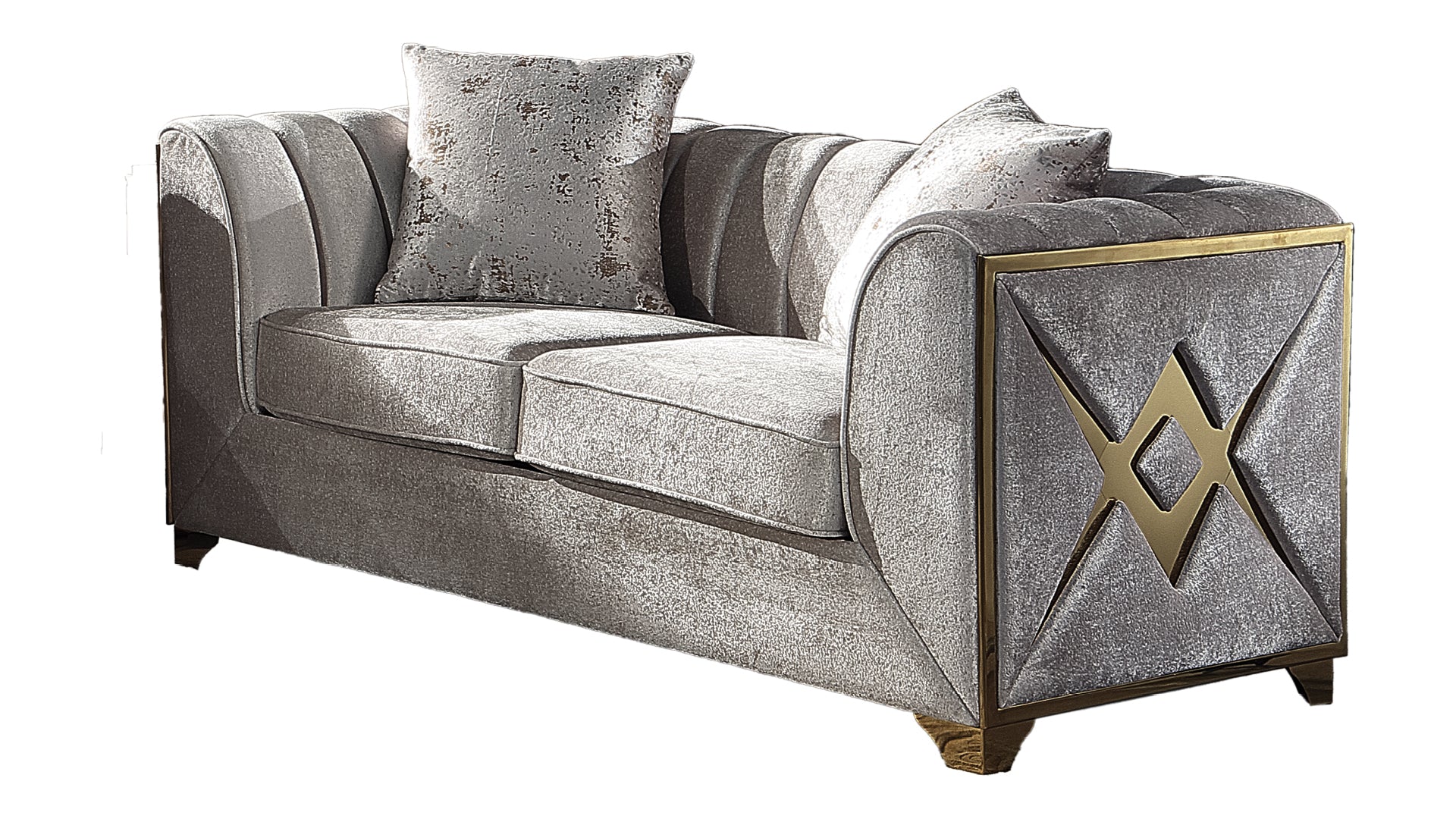 Elegant grey velvet sofa with golden geometric accents and plush cushions