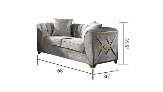 Gray velvet loveseat with gold geometric accents and decorative pillows  inches wide