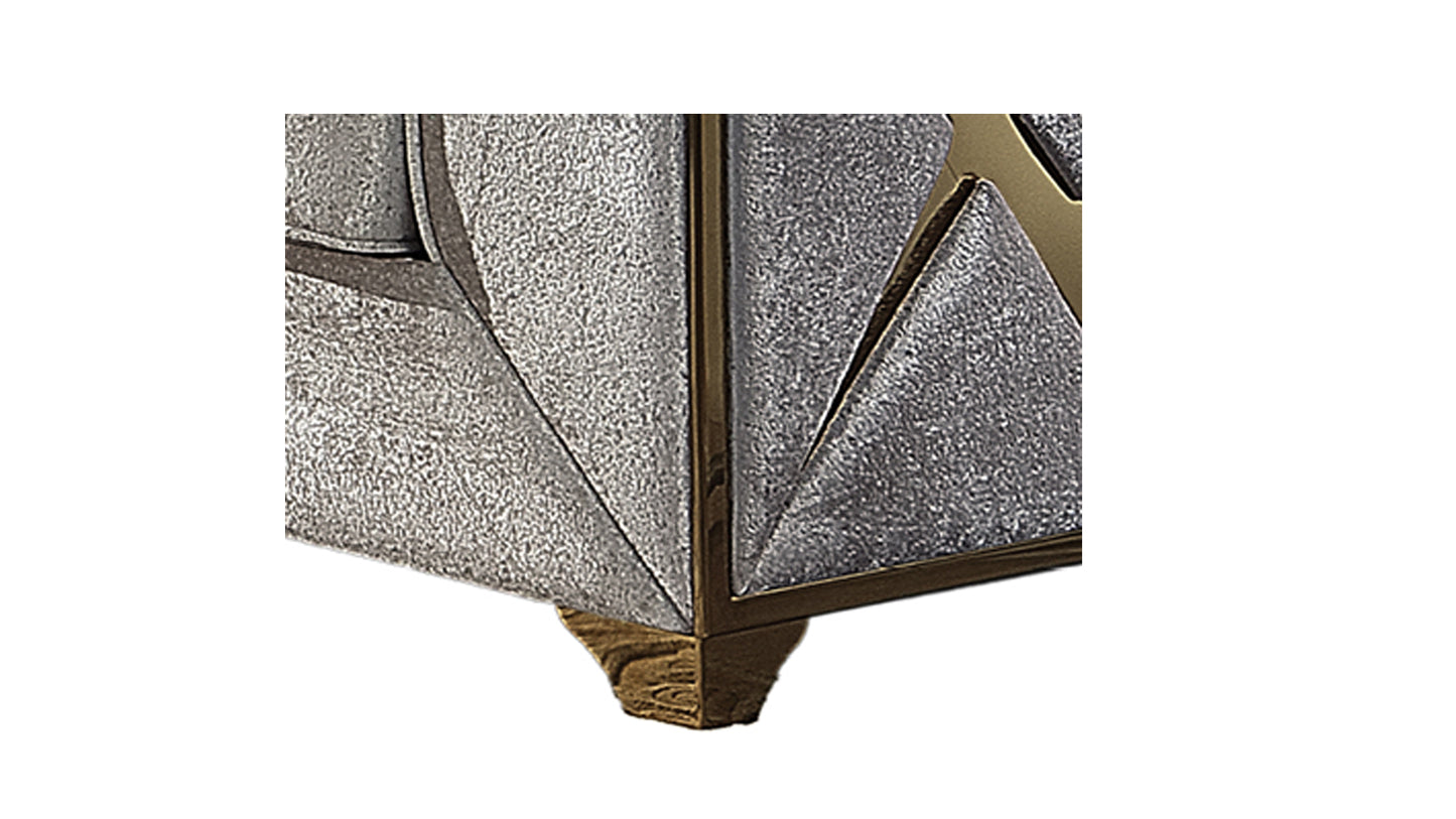 Textured silver geometric accent cabinet with gold trim and wooden feet