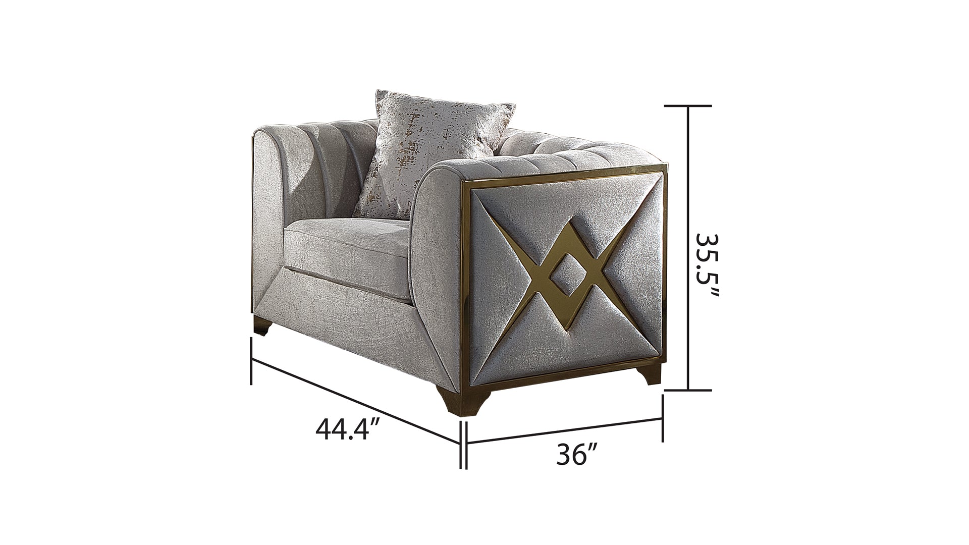 Gray velvet accent chair with gold geometric inlay and tufted backrest