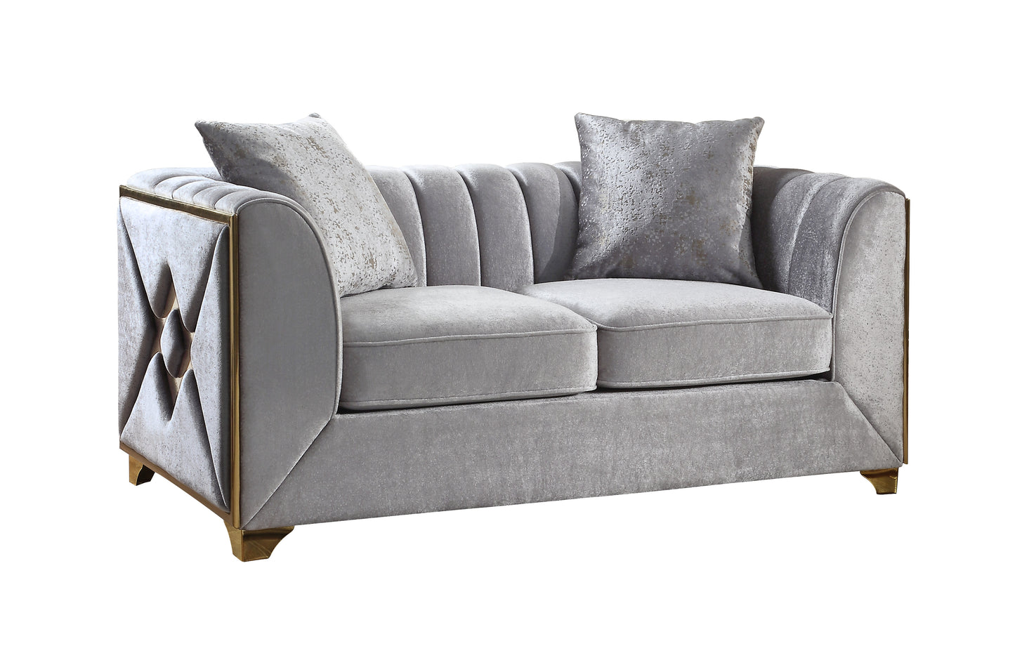 Luxury grey velvet loveseat with tufted back and gold trim accents