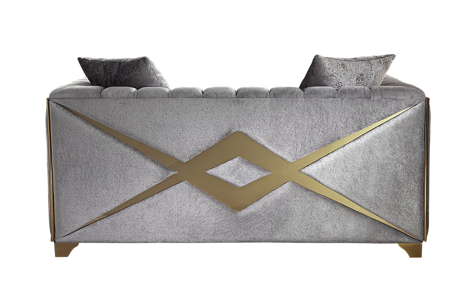 Gray velvet sofa with gold geometric accent and tufted backrest