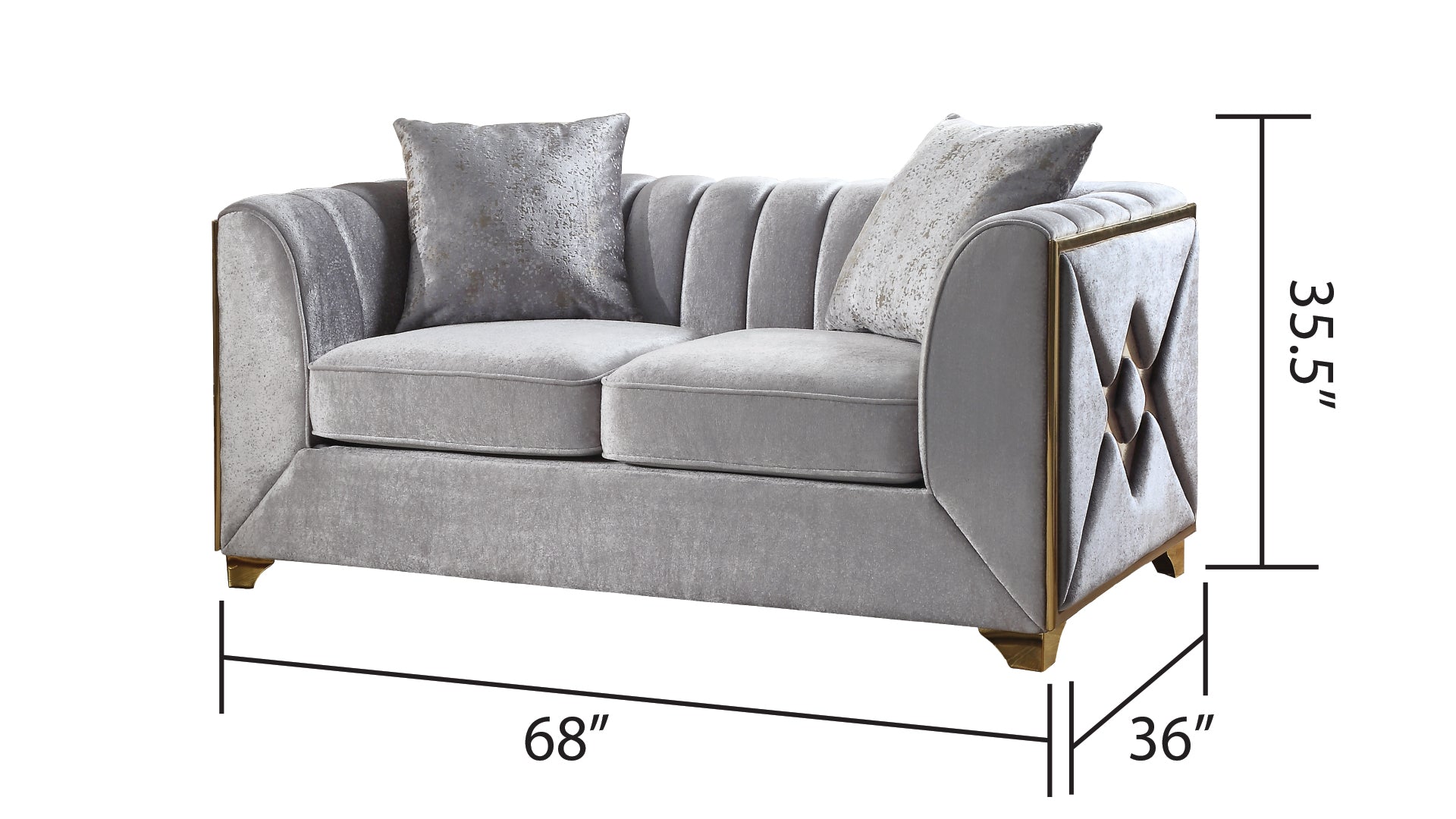 Silver velvet loveseat with channel tufting and gold trim accents
