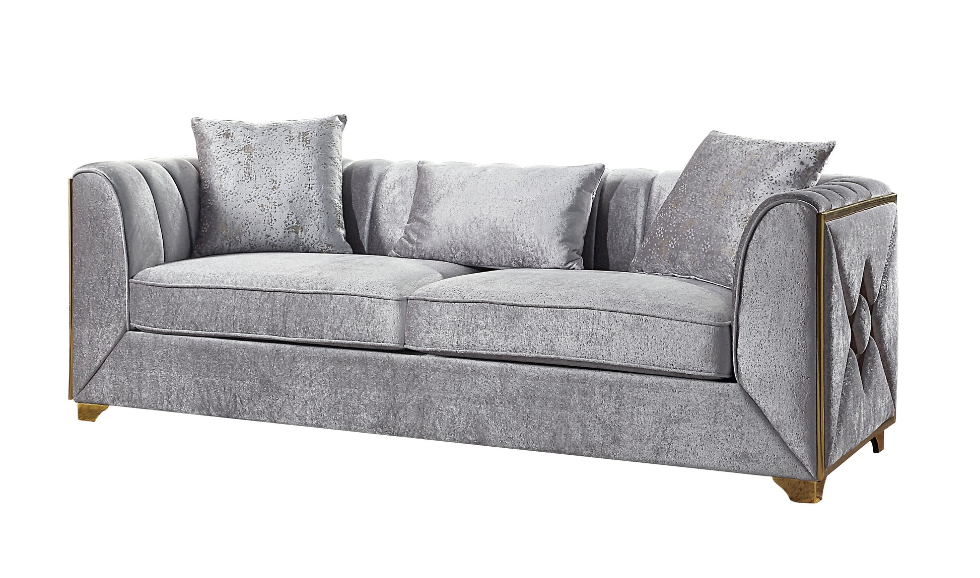 Elegant silver velvet sofa with plush cushions and gold trim accents