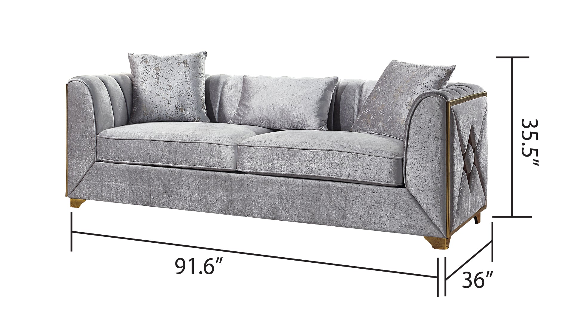 Luxurious grey velvet sofa with gold accents and decorative pillows perfect for living rooms