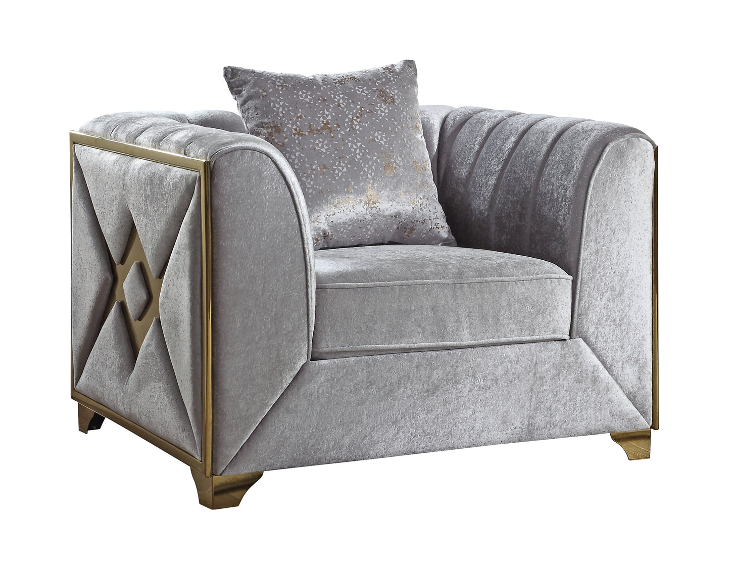Plush grey velvet armchair with gold accents and diamond tufting perfect accent chair