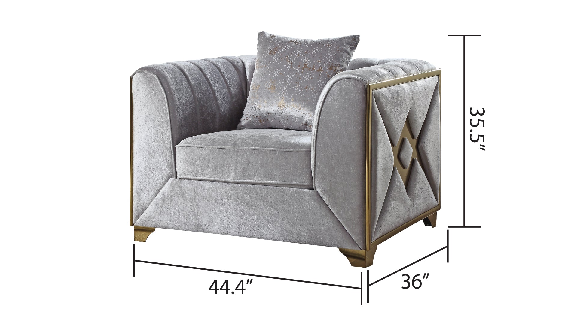 Luxurious grey velvet armchair with gold accents and decorative pillow