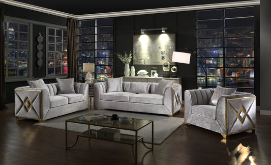 Elegant silver velvet sofa with gold geometric accents perfect for a modern living room
