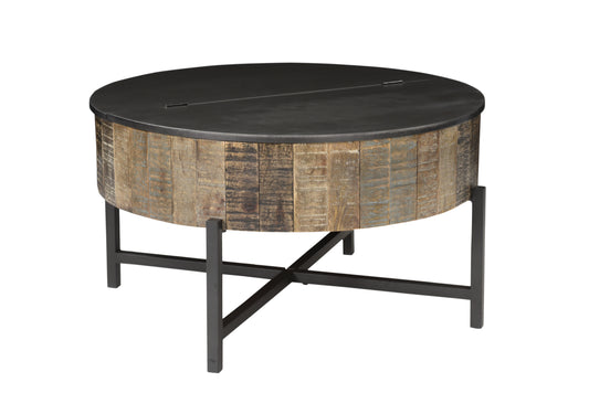 Round wooden storage coffee table with metal lid and base