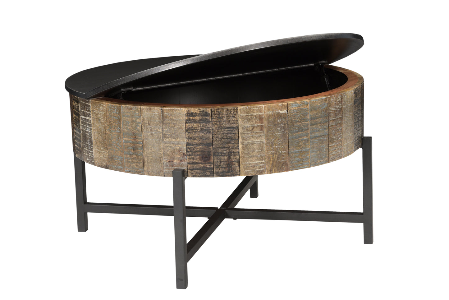 Rustic wooden storage coffee table with a dark metal lid partially open