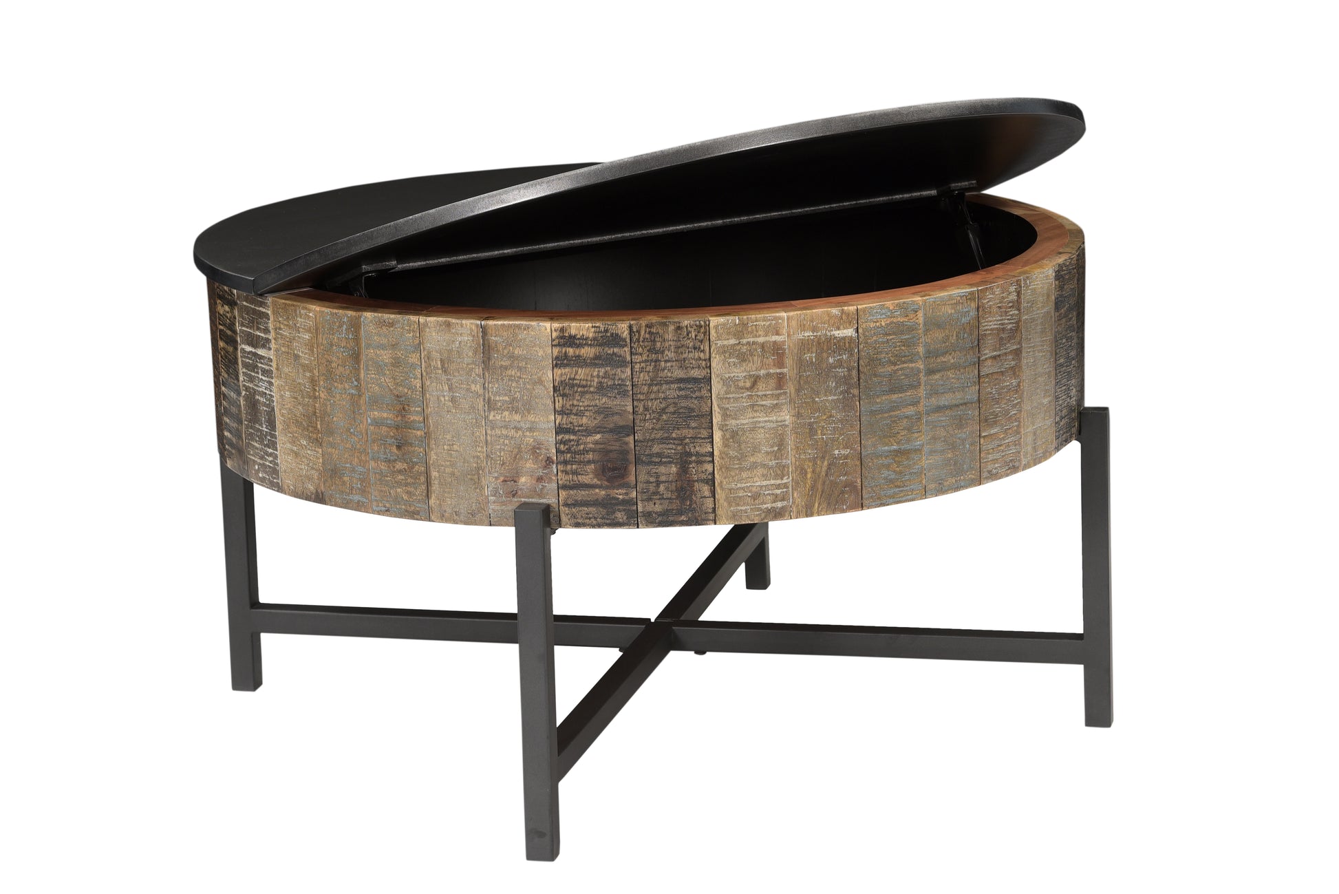Rustic wooden storage coffee table with a dark metal lid partially open