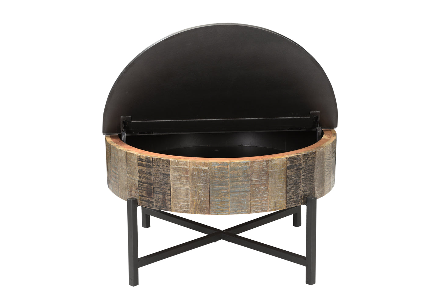 Rustic wood barrel style fire pit with black metal lid and base for outdoor patios