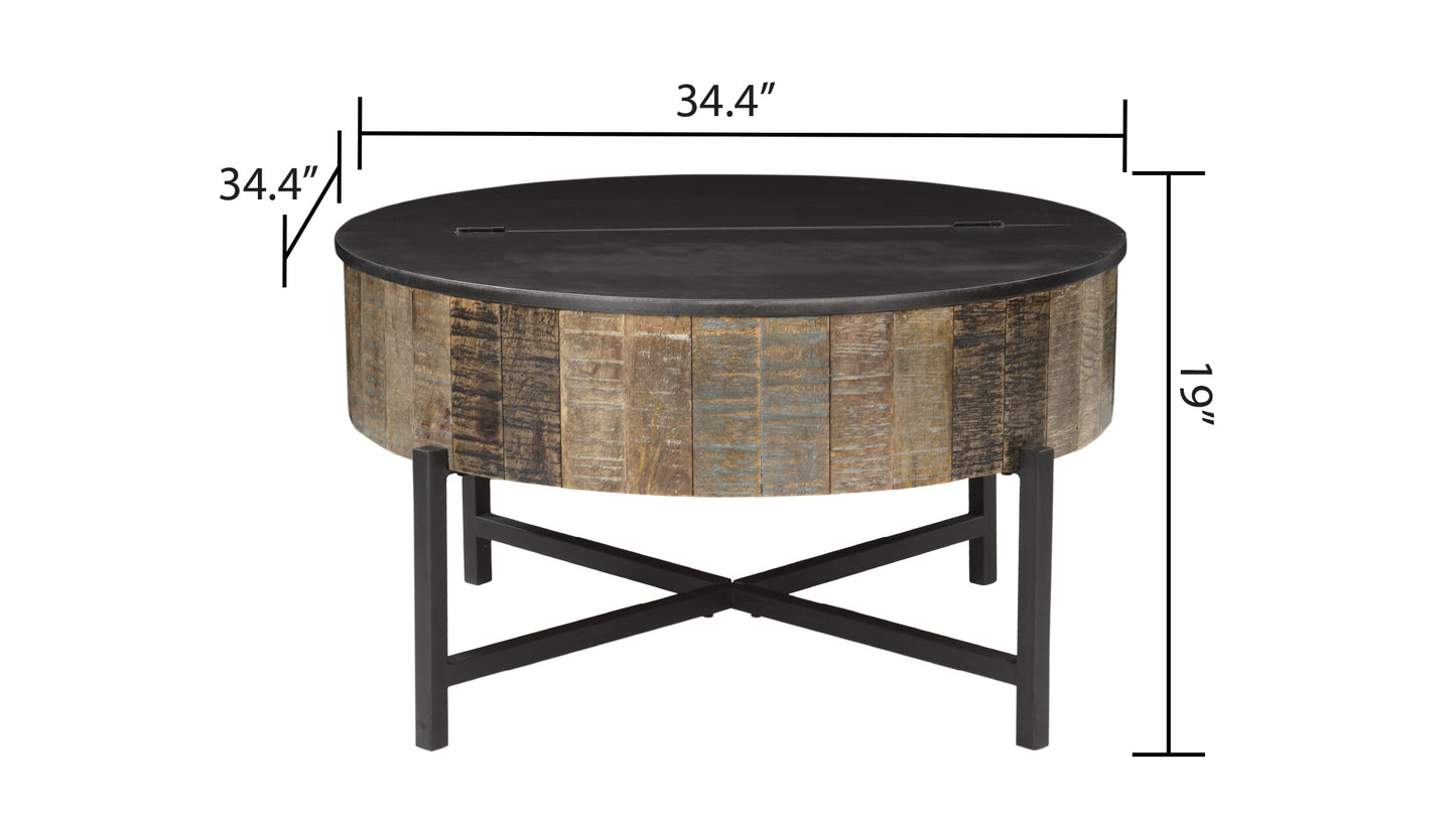 Round reclaimed wood coffee table with black metal frame and lid