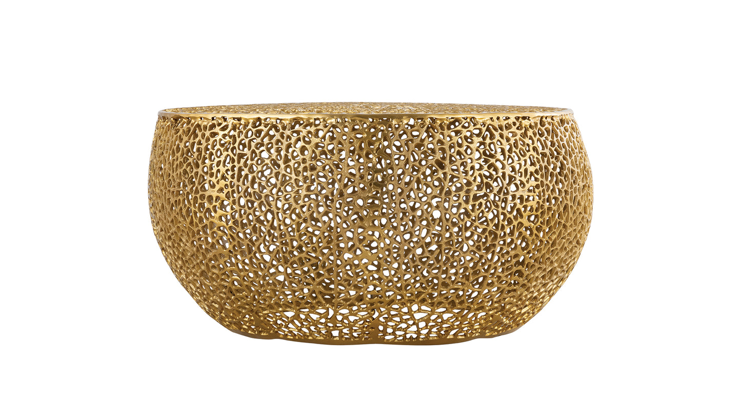 Gold decorative accent table with intricate openweave pattern