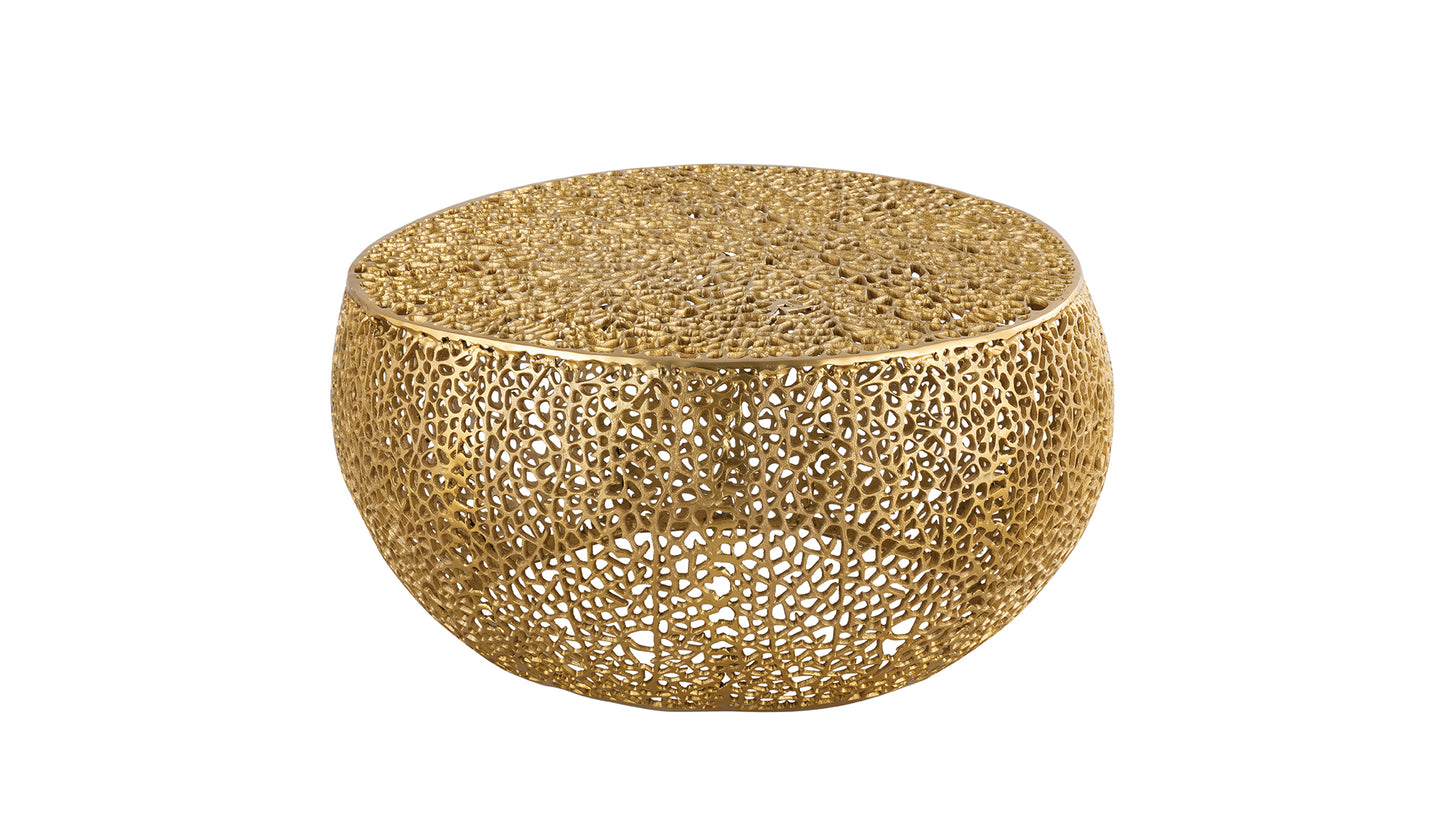 Ornate gold metal accent table with an intricate lasercut honeycomb design