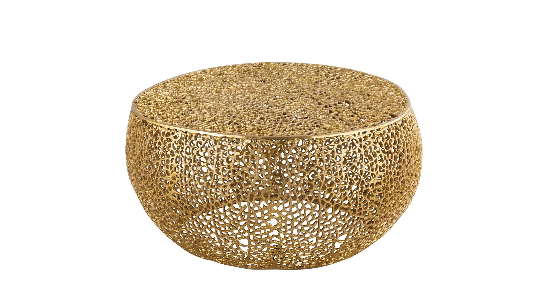 Ornate gold metal accent table with an intricate lasercut honeycomb design