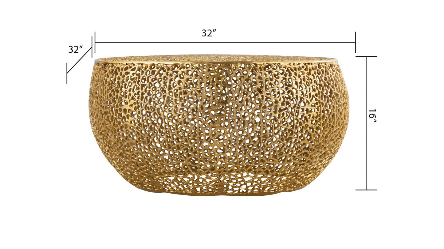 Gold metallic round accent table with openwork lacelike design inch diameter