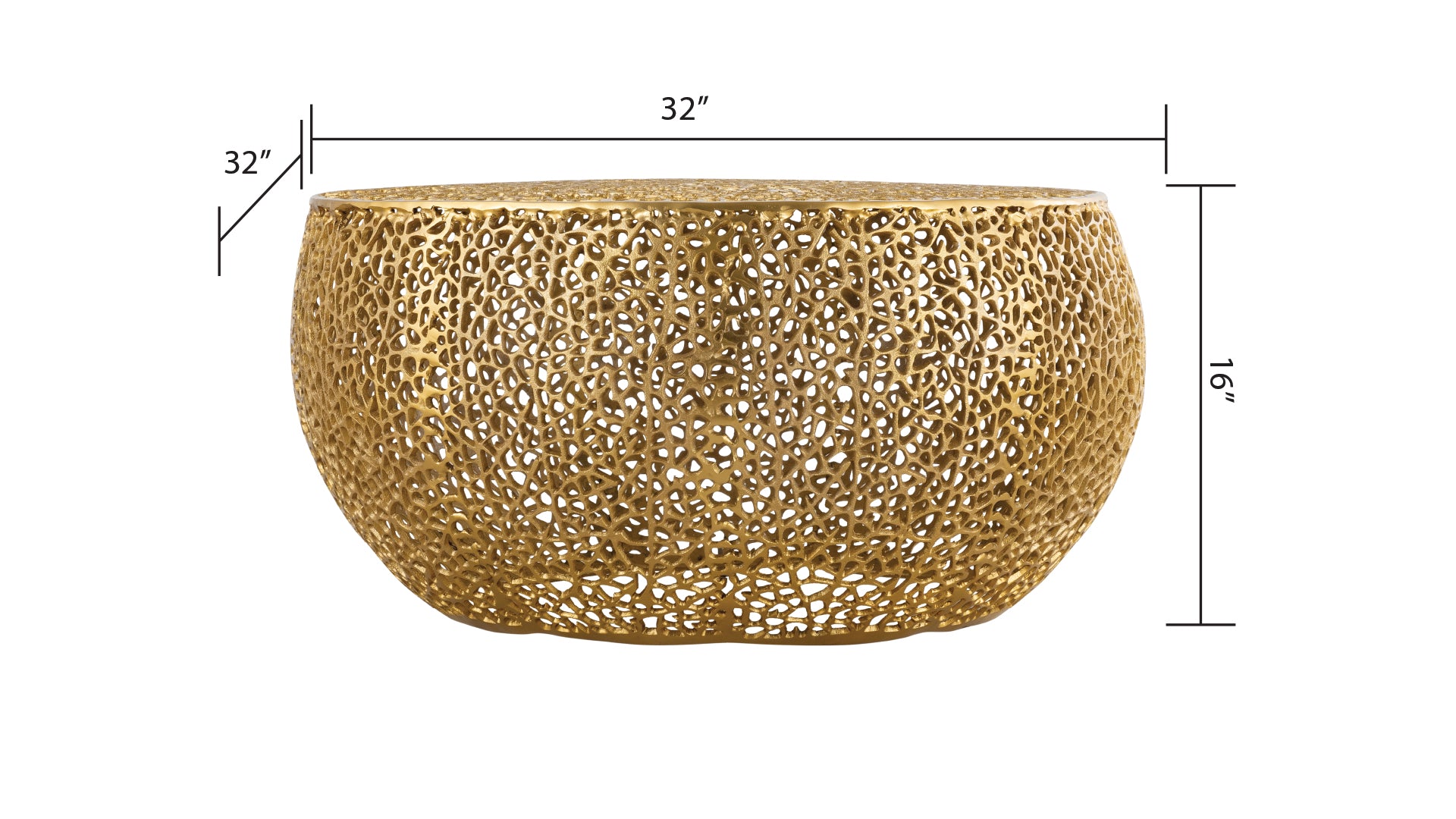Gold metallic round accent table with openwork lacelike design inch diameter