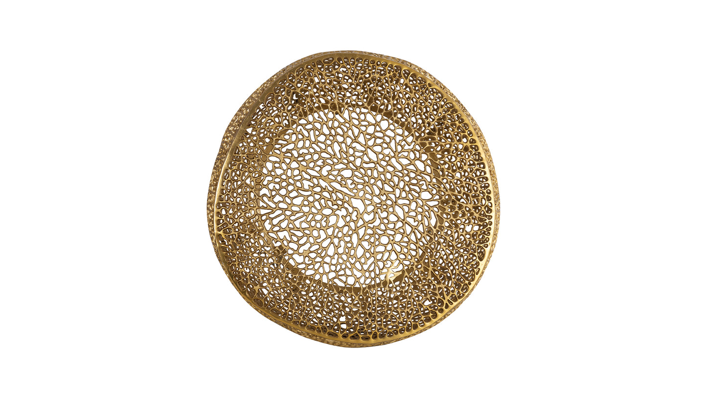 Ornate brass decorative bowl with an intricate openweave pattern reminiscent of coral perfect for modern decor