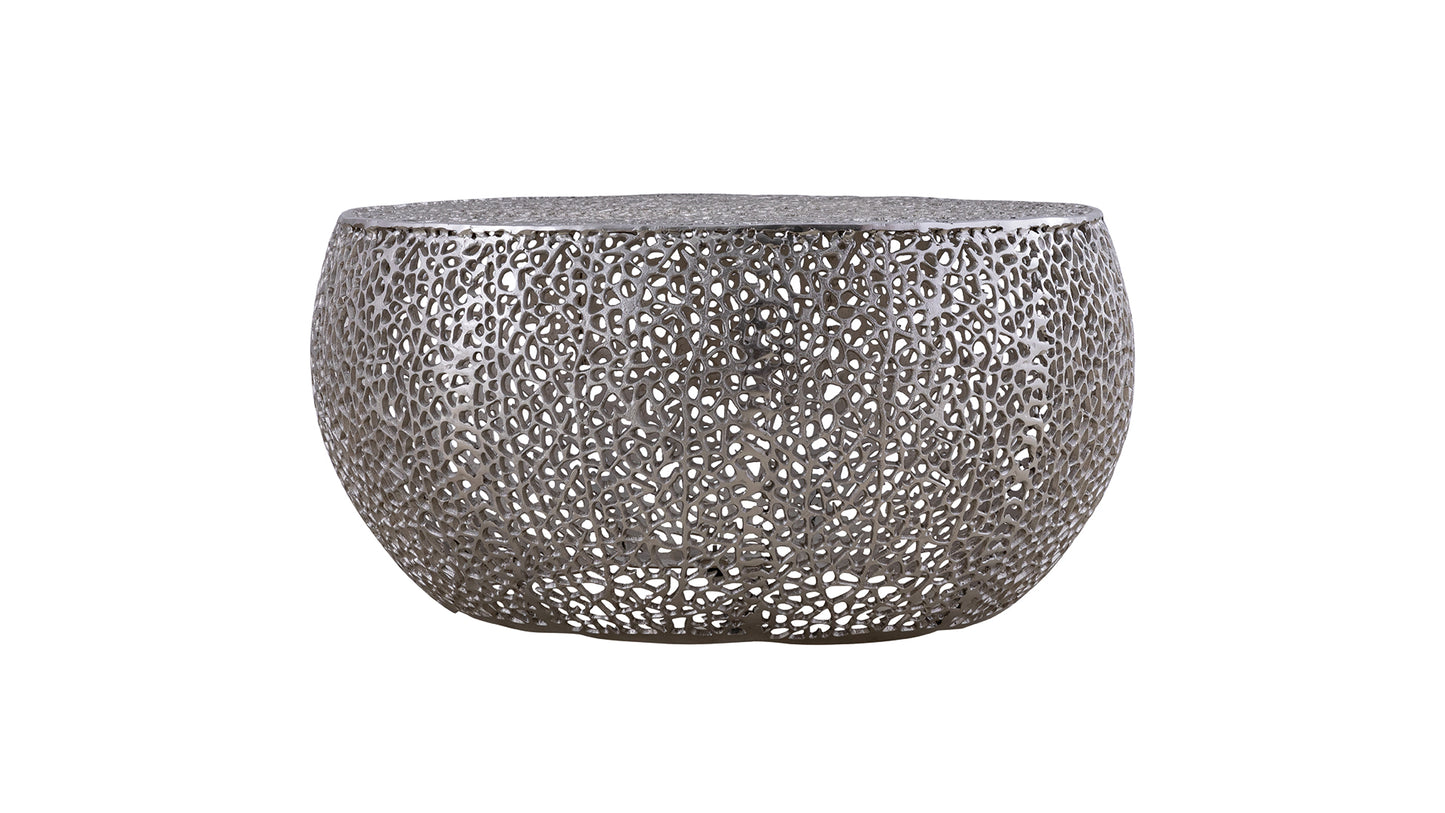 Silver metallic lattice coffee table with rounded base