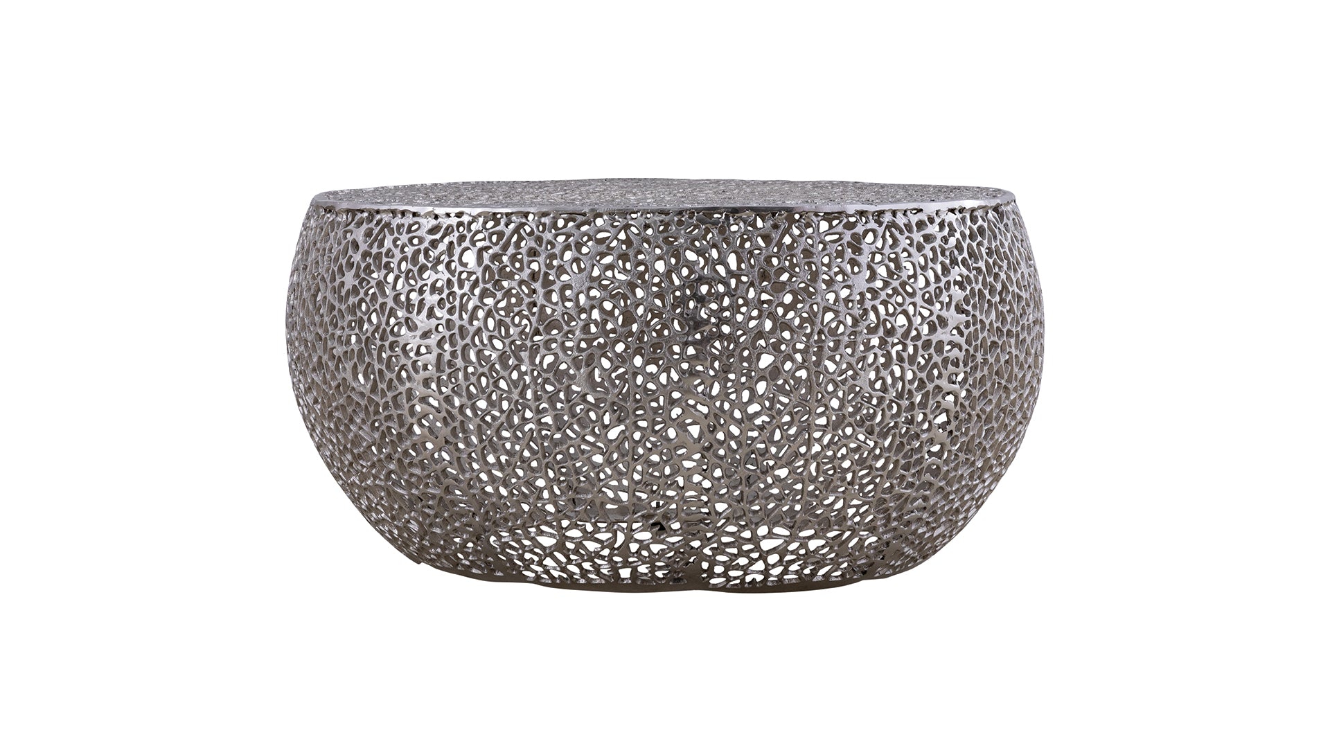 Silver metallic lattice coffee table with rounded base