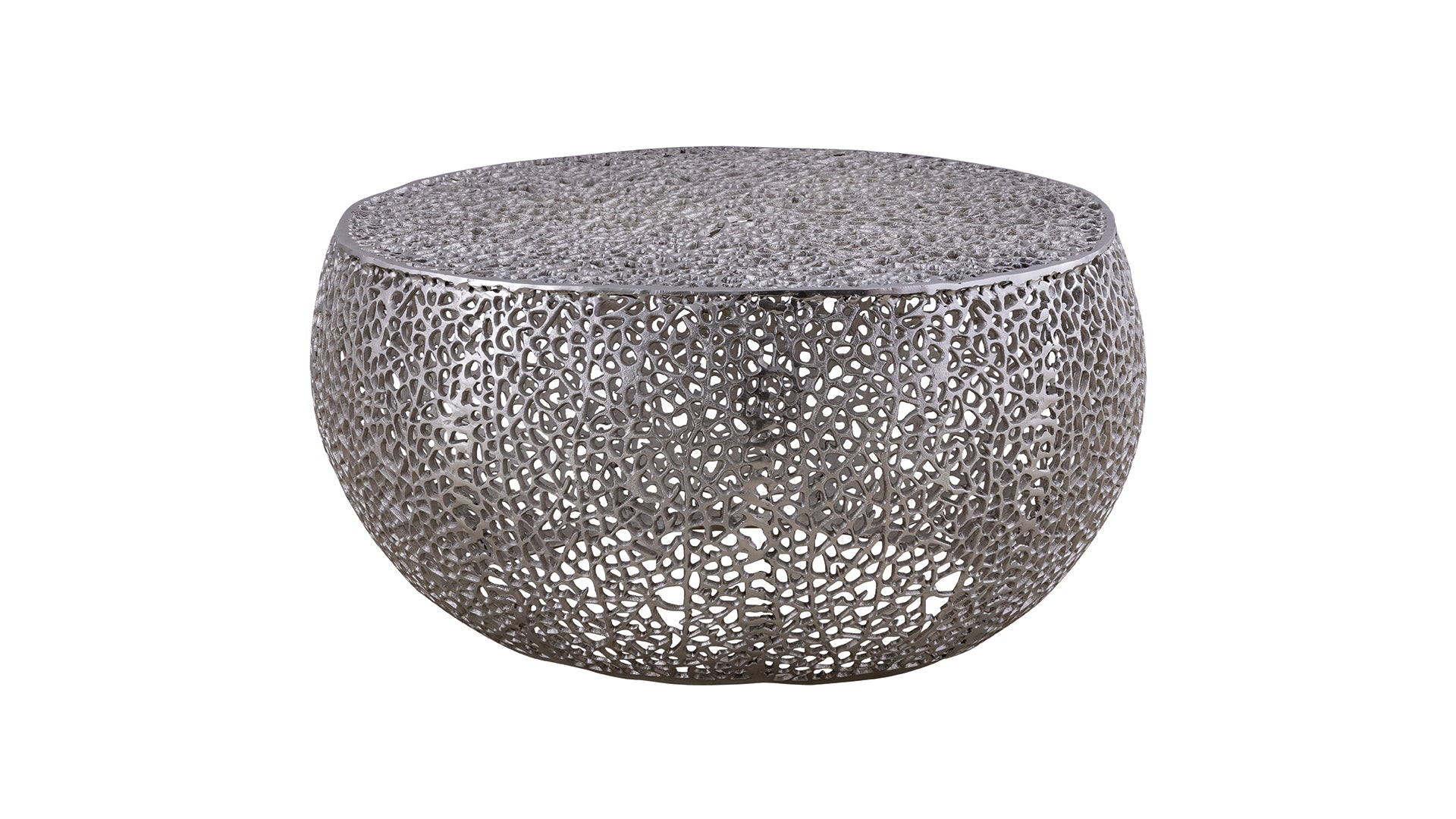 Ornate silver round metal coffee table with intricate cutout design
