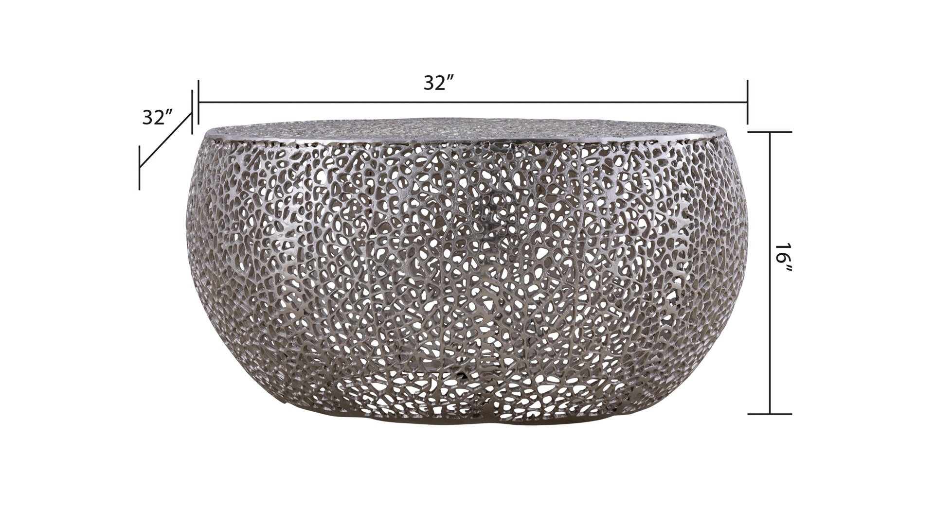 Decorative silver metallic accent table with an intricate cutout design inch diameter