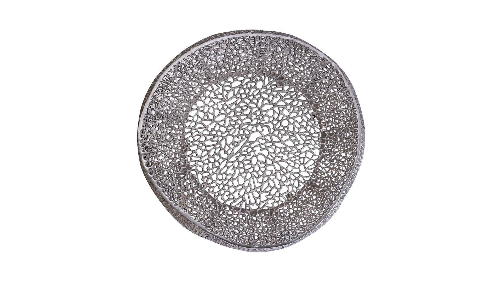 Silver metal decorative bowl with intricate cutout pattern