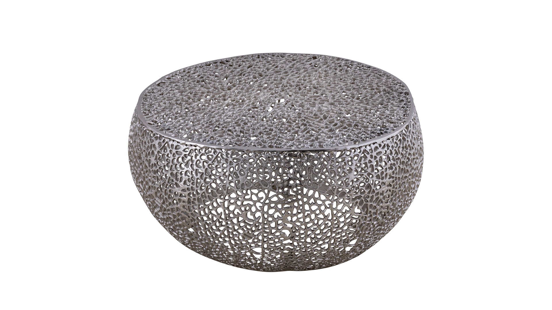 Sculptural silver accent table with an intricate openwork metal design