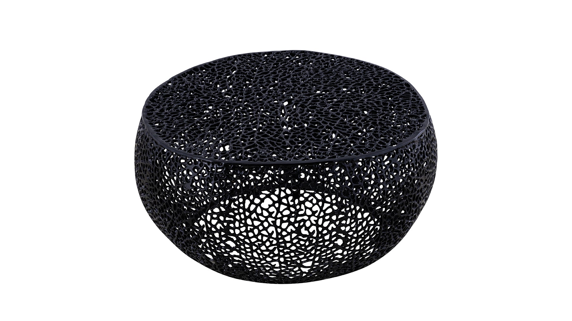 Black metal round coffee table with intricate cutout design and openwork base