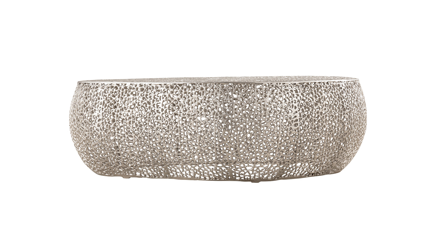 Silver metal drum coffee table with an intricate openwork lattice design