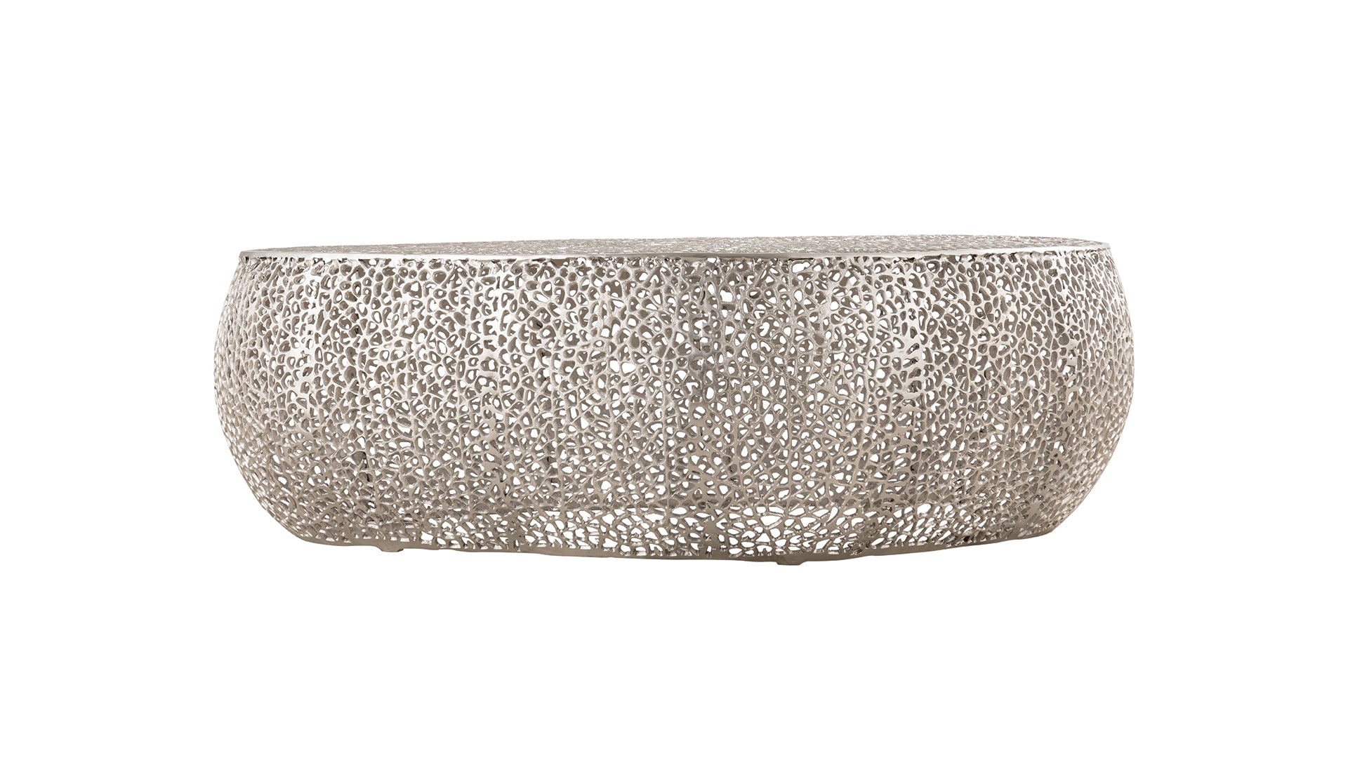 Silver metal drum coffee table with an intricate openwork lattice design