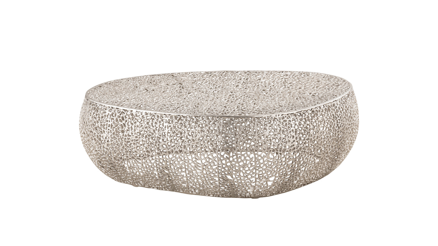 Textured silver metal round coffee table with openwork design