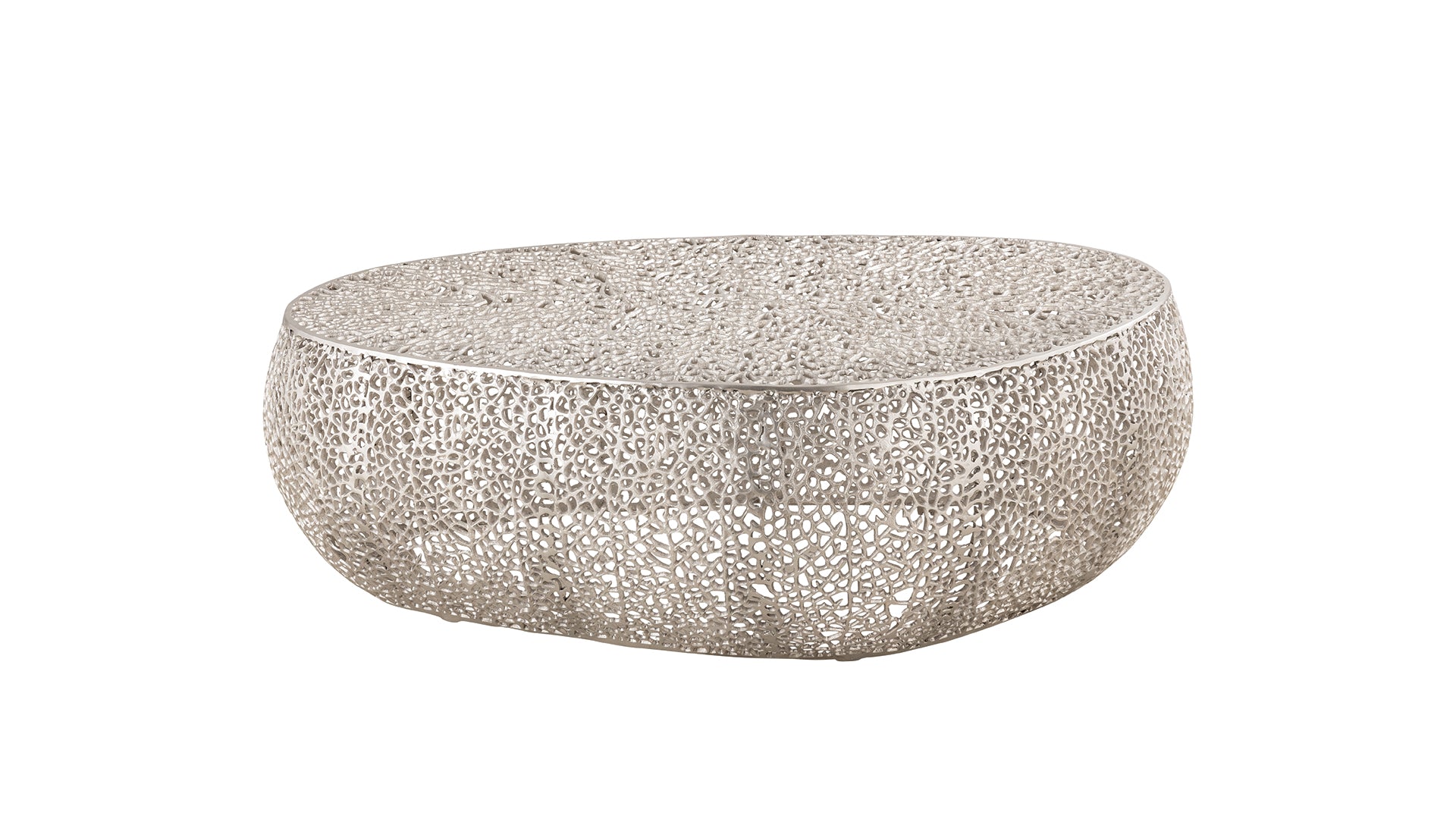 Textured silver metal round coffee table with openwork design