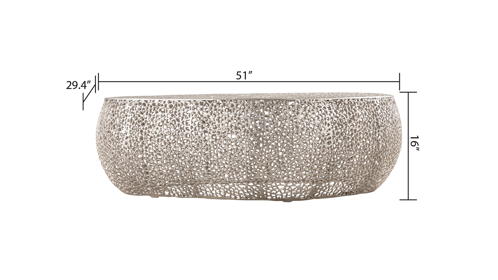 Modern silver metal coffee table with intricate cutout pattern and oval shape