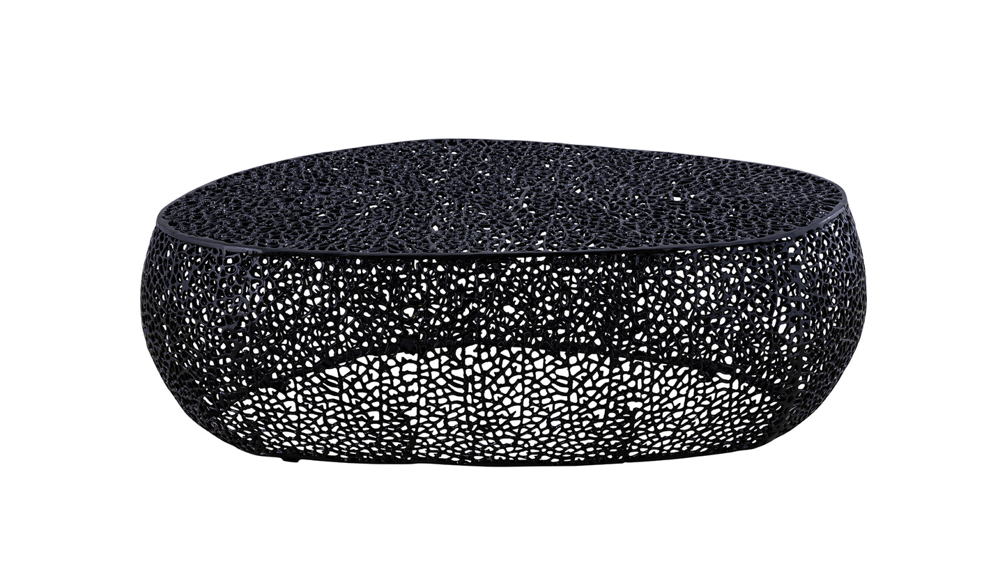 Ornate black metal coffee table with a unique openwork design