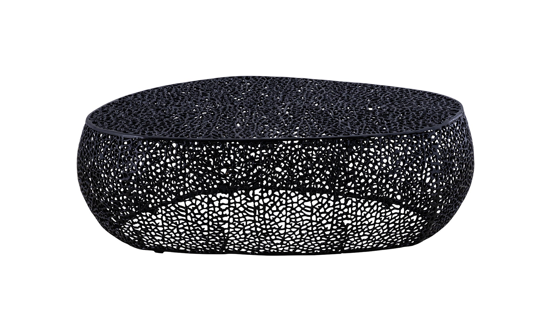 Ornate black metal coffee table with a unique openwork design