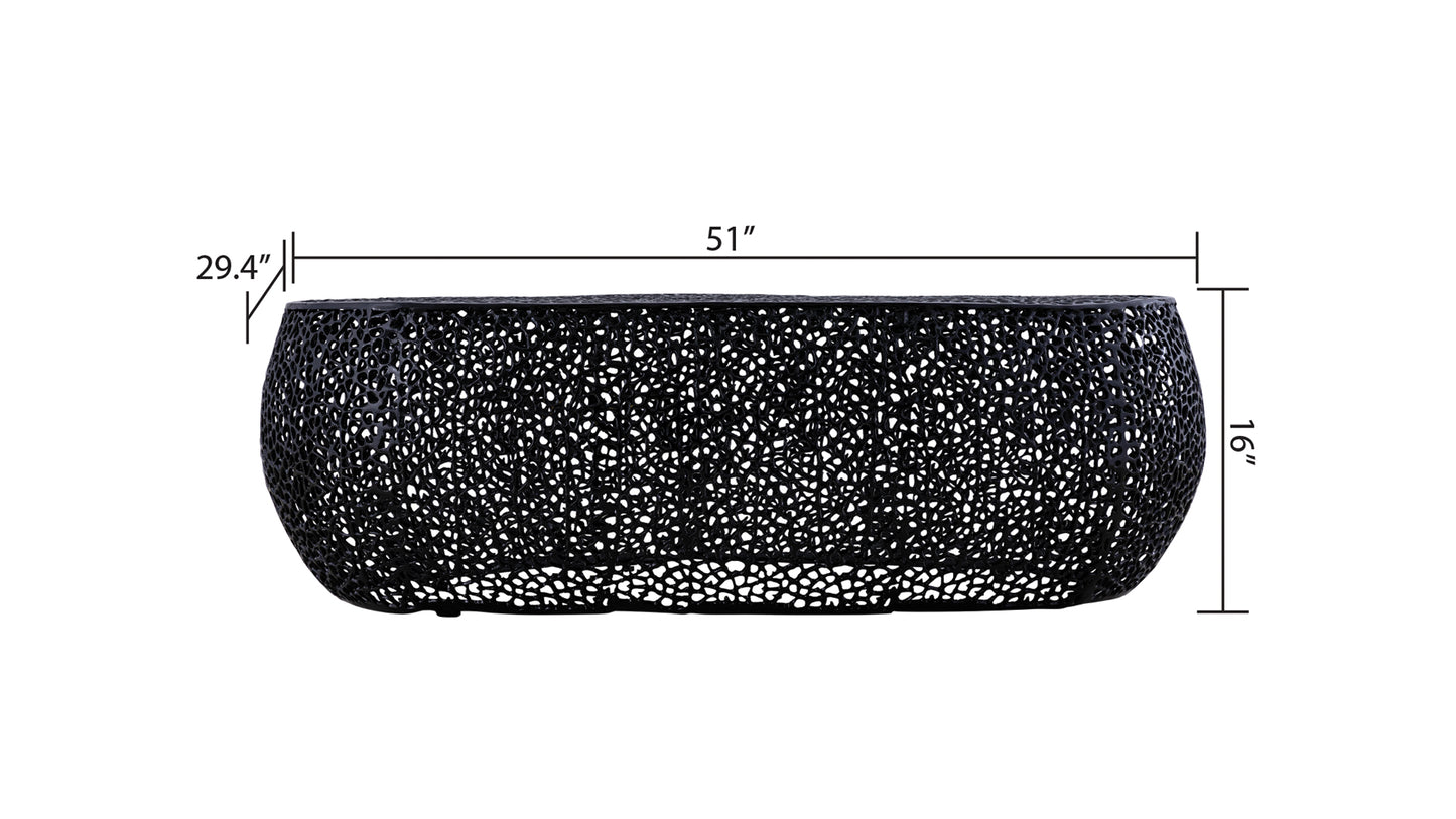 Black metal mesh coffee table with elliptical design and abstract pattern