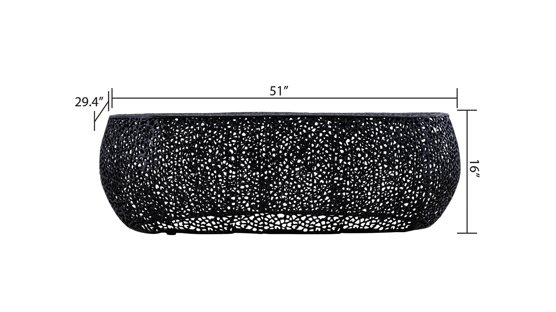 Black metal mesh coffee table with elliptical design and abstract pattern