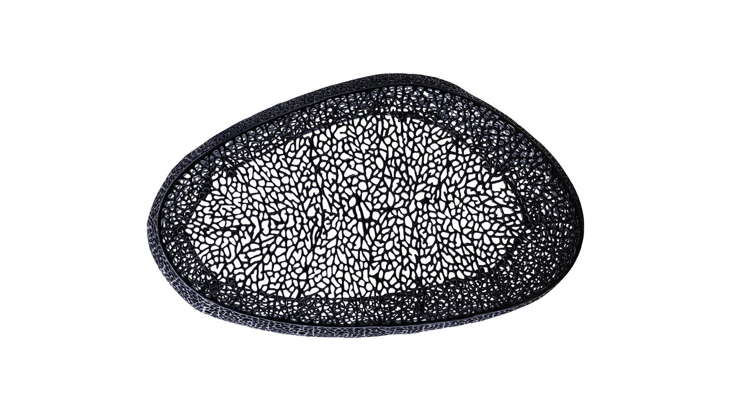 Elegant black metal bowl with intricate lacelike organic pattern decorative centerpiece