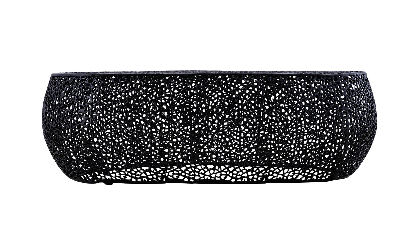 Black metal wire mesh coffee table with a unique organic cutout design