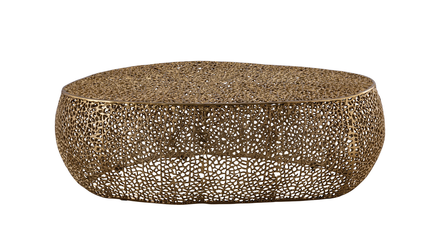 Antique gold metal coffee table with intricate organic cutout design