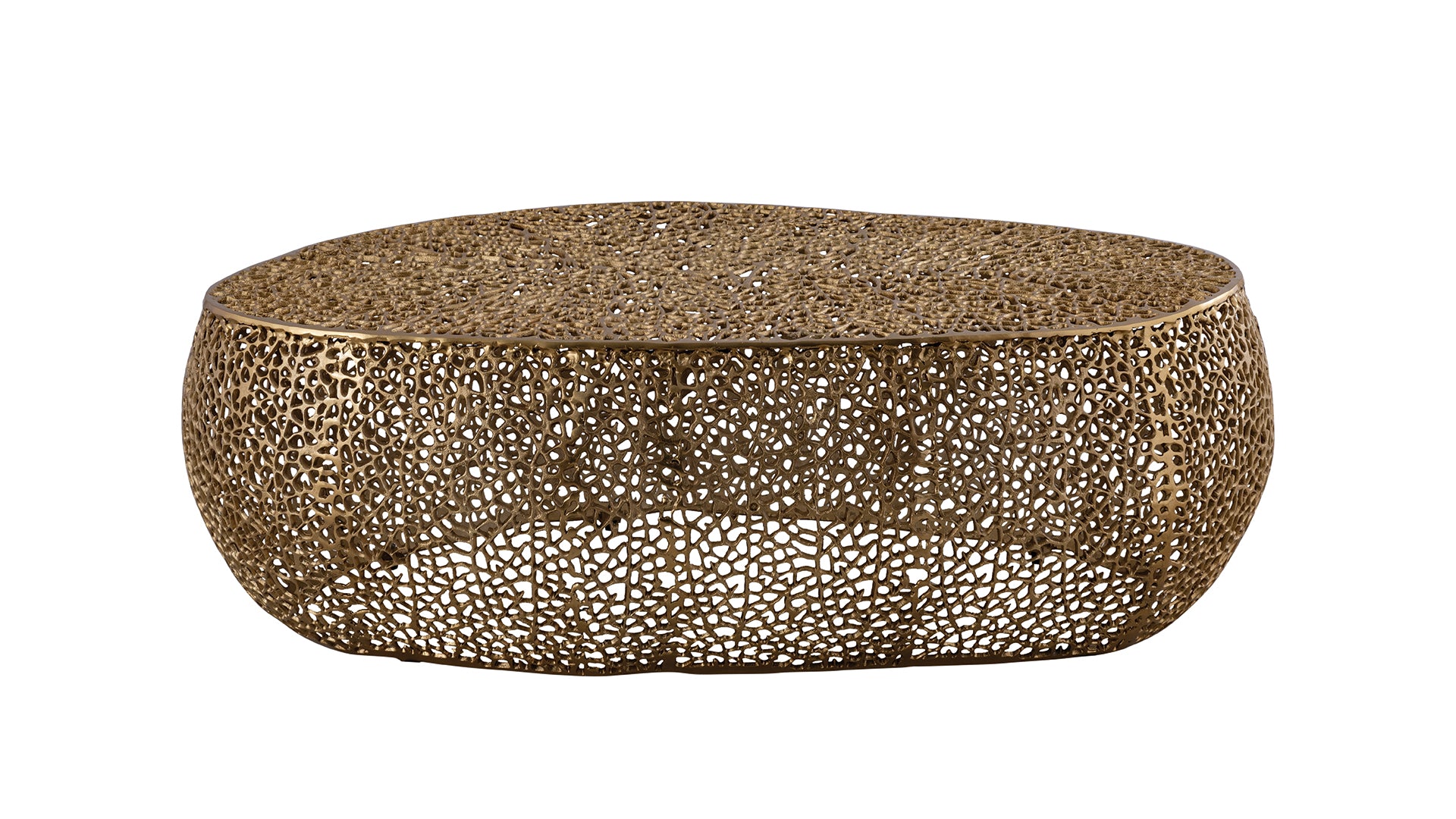 Antique gold metal coffee table with intricate organic cutout design