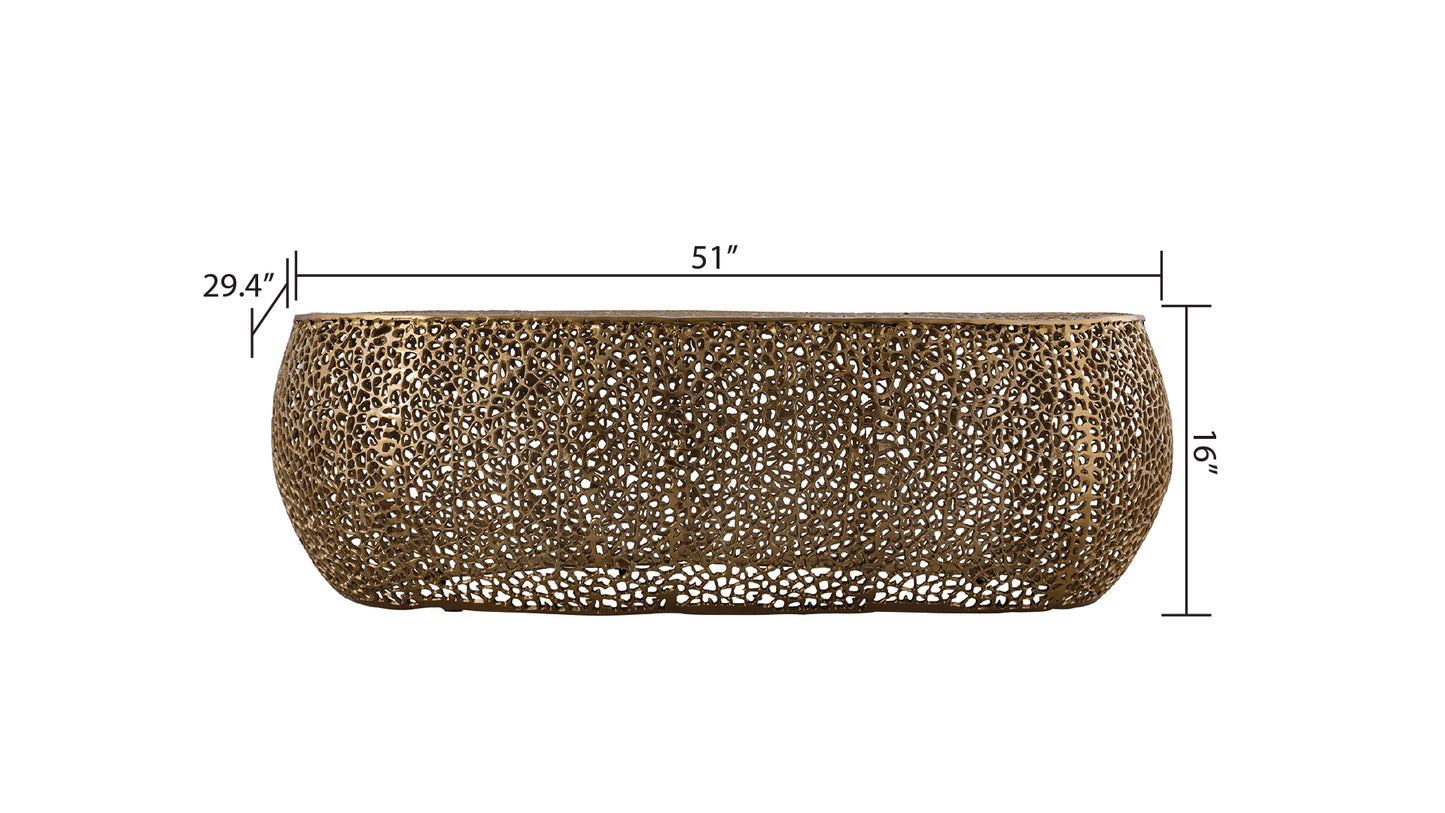 Intricate gold metallic coffee table with openwork organic design and inch length